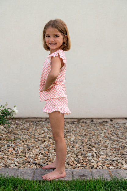 LIGHT PINK + WHITE MINI CHECKER | RUFFLE SHORT SET