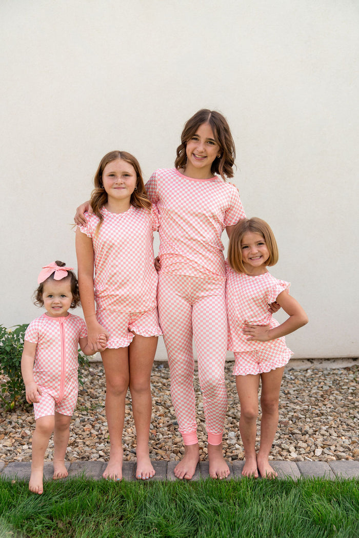 LIGHT PINK + WHITE MINI CHECKER | RUFFLE SHORT SET