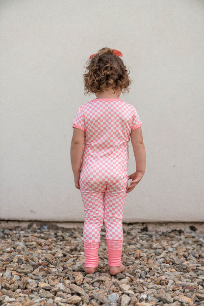 LIGHT PINK + WHITE MINI CHECKER | SHORT SLEEVE ZIPPER ONE PIECE
