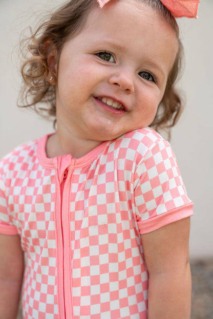 LIGHT PINK + WHITE MINI CHECKER | SHORT SLEEVE ZIPPER ONE PIECE