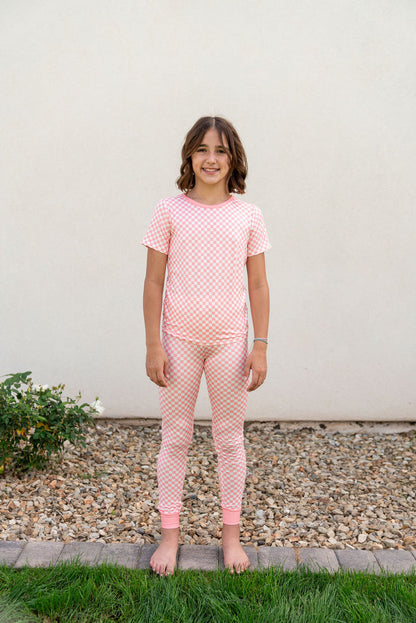 LIGHT PINK + WHITE MINI CHECKER | SHORT SLEEVE