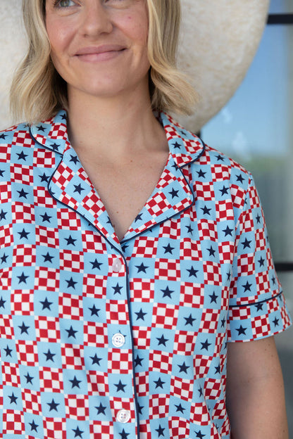 MINI CHECKERED STARS | WOMEN'S BUTTON UP SHORT SLEEVE SET