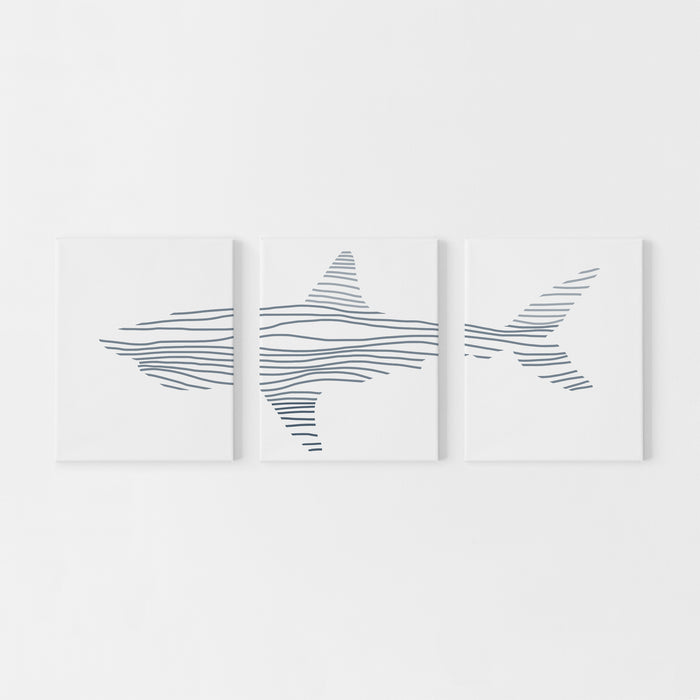 Modern Shark Illustration Nursery Triptych Set of Three Wall Art Prints or Canvas - Jetty Home