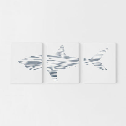 Modern Shark Illustration Nursery Triptych Set of Three Wall Art Prints or Canvas - Jetty Home