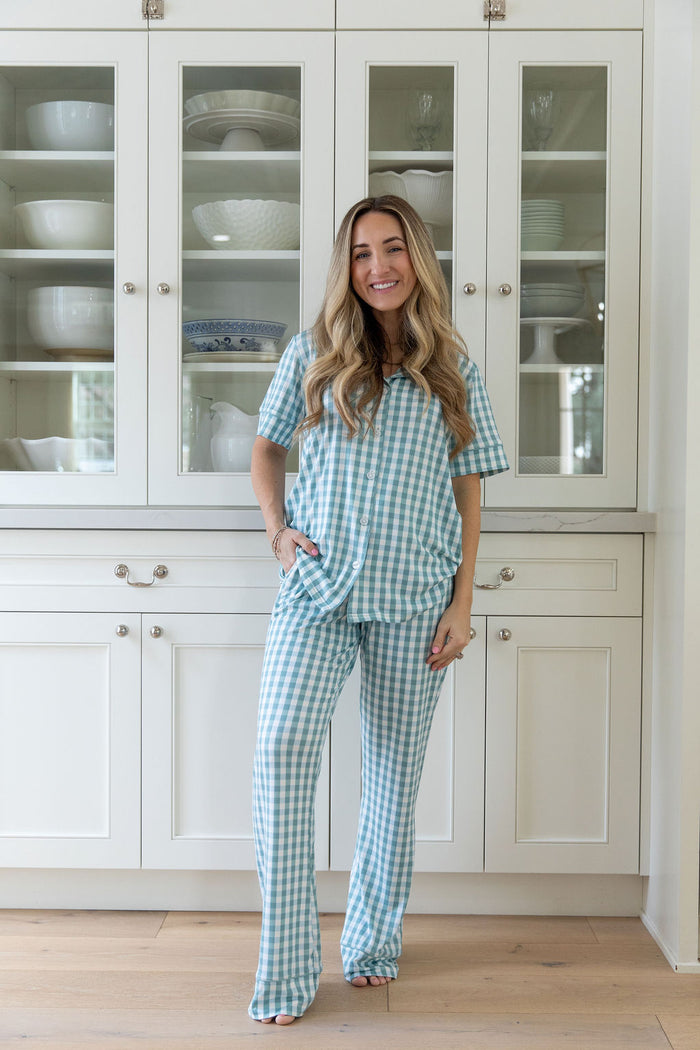 MUTED TEAL GINGHAM | WOMEN'S BUTTON UP SHORT SLEEVE SET