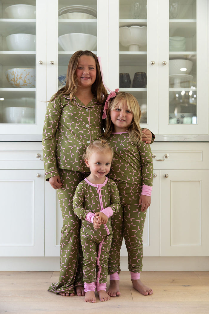 OLIVE + PINK BOWS | GIRLS' BUTTON UP LONG SLEEVE SET