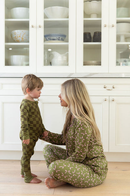 OLIVE + PINK BOWS | WOMEN'S BUTTON UP LONG SLEEVE SET