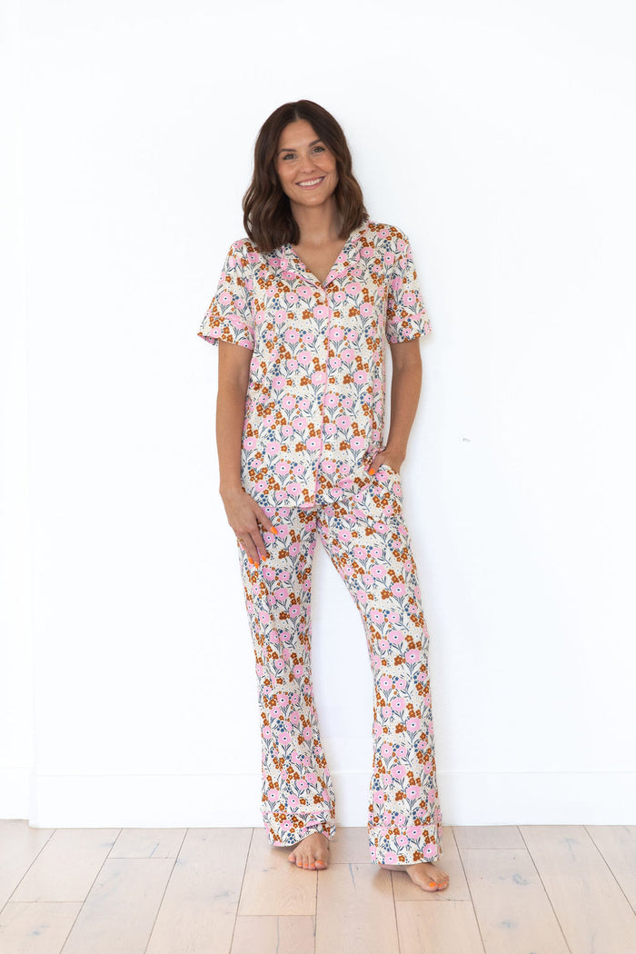 PINK FALL FLORAL | WOMEN'S BUTTON UP SHORT SLEEVE SET
