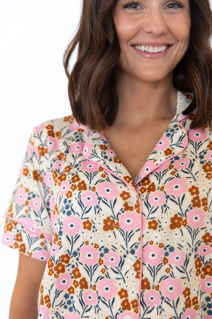 PINK FALL FLORAL | WOMEN'S BUTTON UP SHORT SLEEVE SET