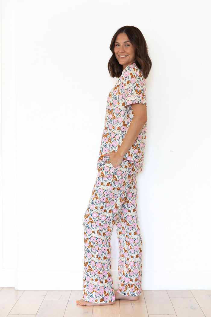 PINK FALL FLORAL | WOMEN'S BUTTON UP SHORT SLEEVE SET