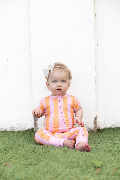 PINK + ORANGE STRIPE | SHORT SLEEVE ZIPPER ONE PIECE