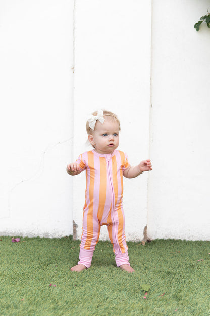 PINK + ORANGE STRIPE | SHORT SLEEVE ZIPPER ONE PIECE