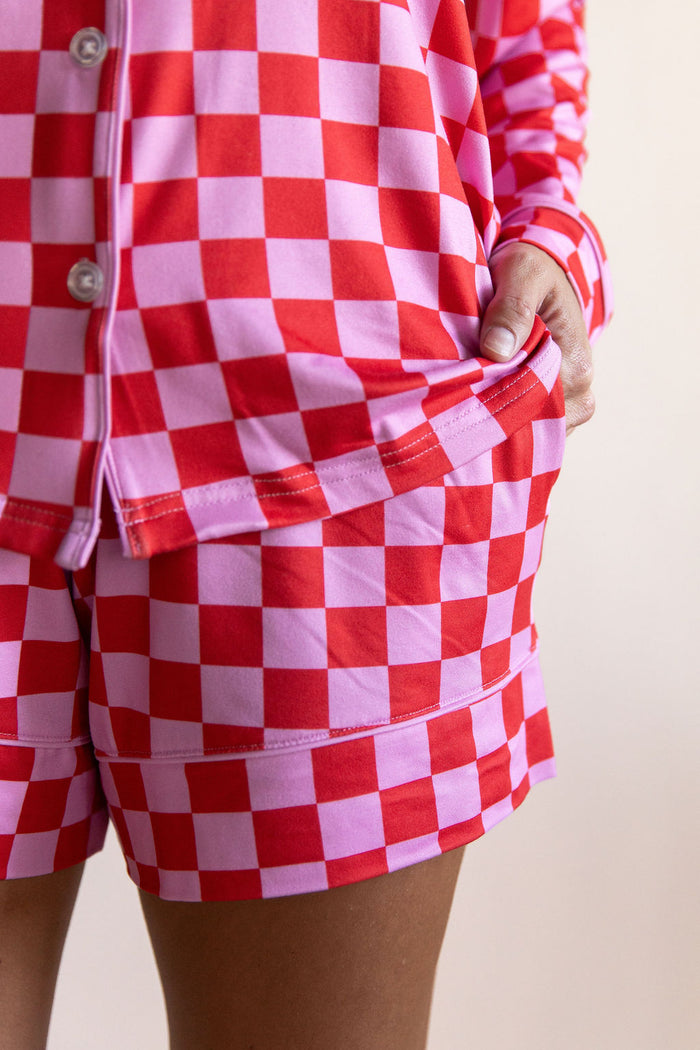 PINK + RED CHECKER | WOMEN'S LONG SLEEVE SHORTS SET