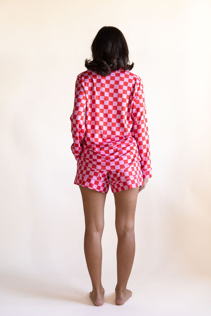 PINK + RED CHECKER | WOMEN'S LONG SLEEVE SHORTS SET