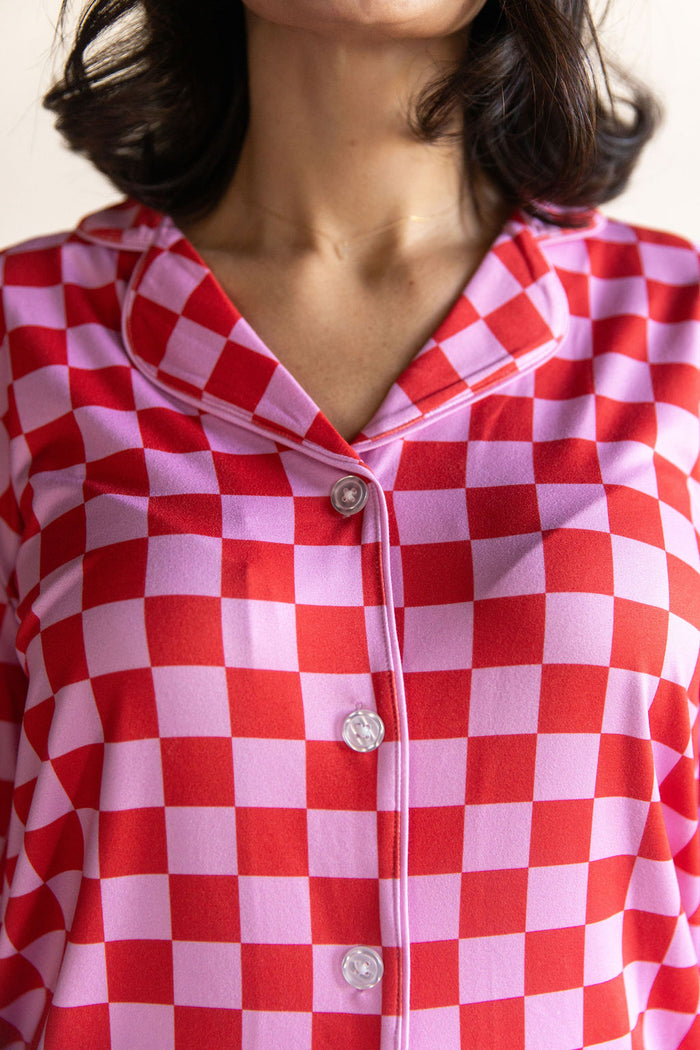 PINK + RED CHECKER | WOMEN'S LONG SLEEVE SHORTS SET