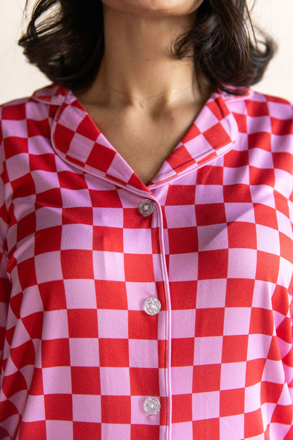 PINK + RED CHECKER | WOMEN'S LONG SLEEVE SHORTS SET