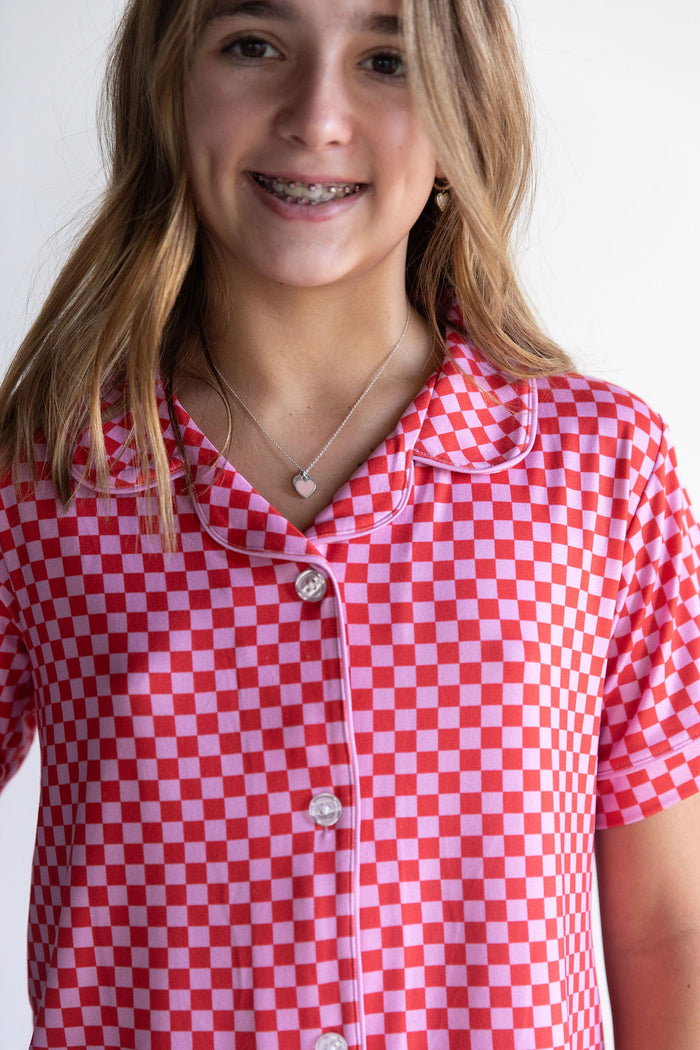 PINK + RED MINI CHECKER | GIRLS' BUTTON UP SHORT SLEEVE SET
