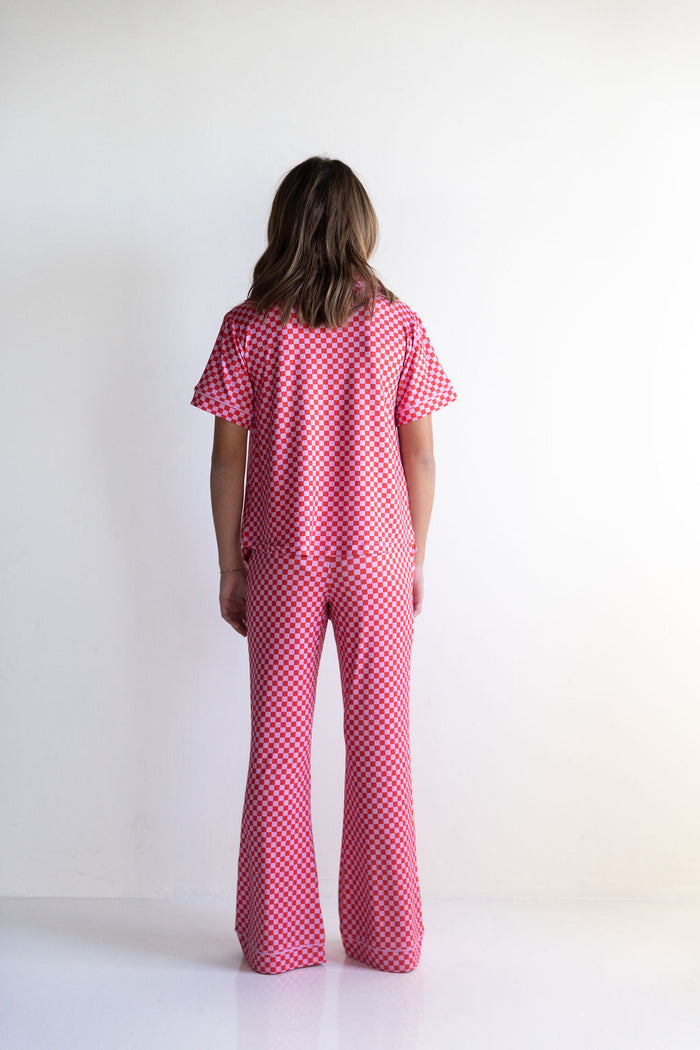 PINK + RED MINI CHECKER | GIRLS' BUTTON UP SHORT SLEEVE SET