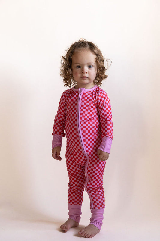 PINK + RED MINI CHECKER | ZIPPER ONE PIECE