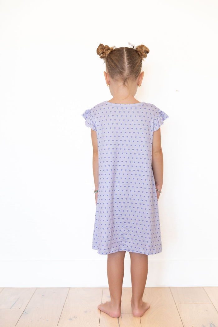 PURPLE MINI HEARTS | RUFFLE SLEEVE DRESS