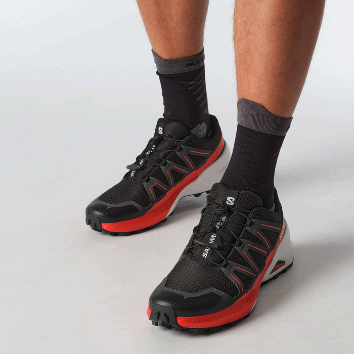 Salomon Mens Speedcross Peak Trail Sneaker Black Asphalt Fiery Red | Salomon