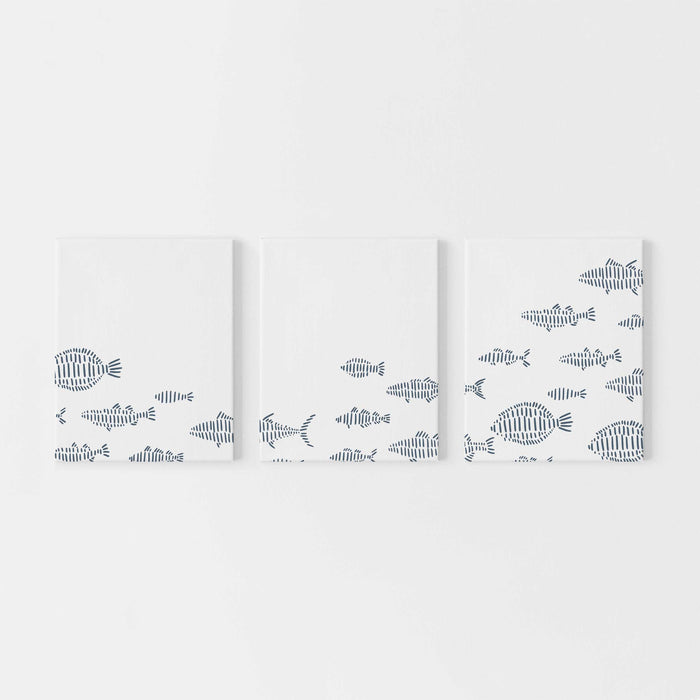 School of Fish Illustration Nautical Triptych Set of Three Wall Art Prints or Canvas - Jetty Home