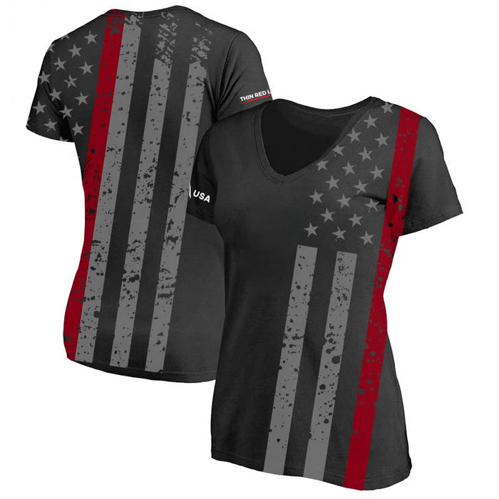 Slim Athletic Women's V-Neck Shirt - Distressed Thin Red Line Flag