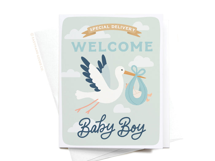 Special Delivery Welcome Baby Boy Greeting Card - Onderkast Studio