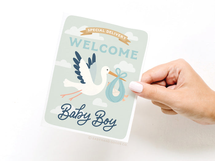 Special Delivery Welcome Baby Boy Greeting Card - Onderkast Studio