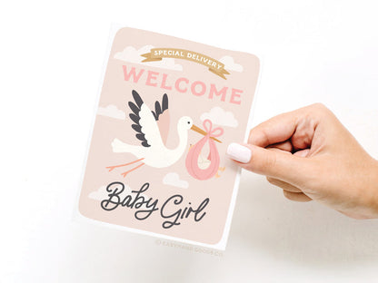 Special Delivery Welcome Baby Girl Greeting Card - Onderkast Studio