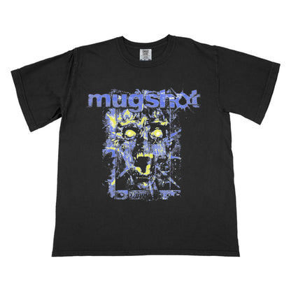 Black Mugshot T-shirt with a distressed blue and yellow screaming zombie face graphic and bold grunge-style mugshot text across the chest.