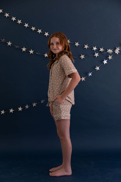 TAN STARS | GIRLS' BUTTON UP SHORT SLEEVE + SHORTS SET