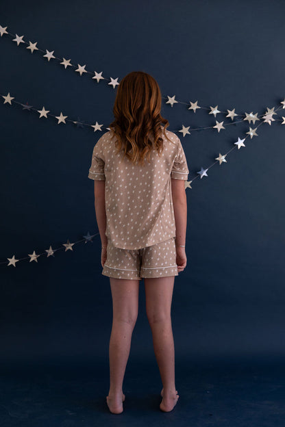 TAN STARS | GIRLS' BUTTON UP SHORT SLEEVE + SHORTS SET