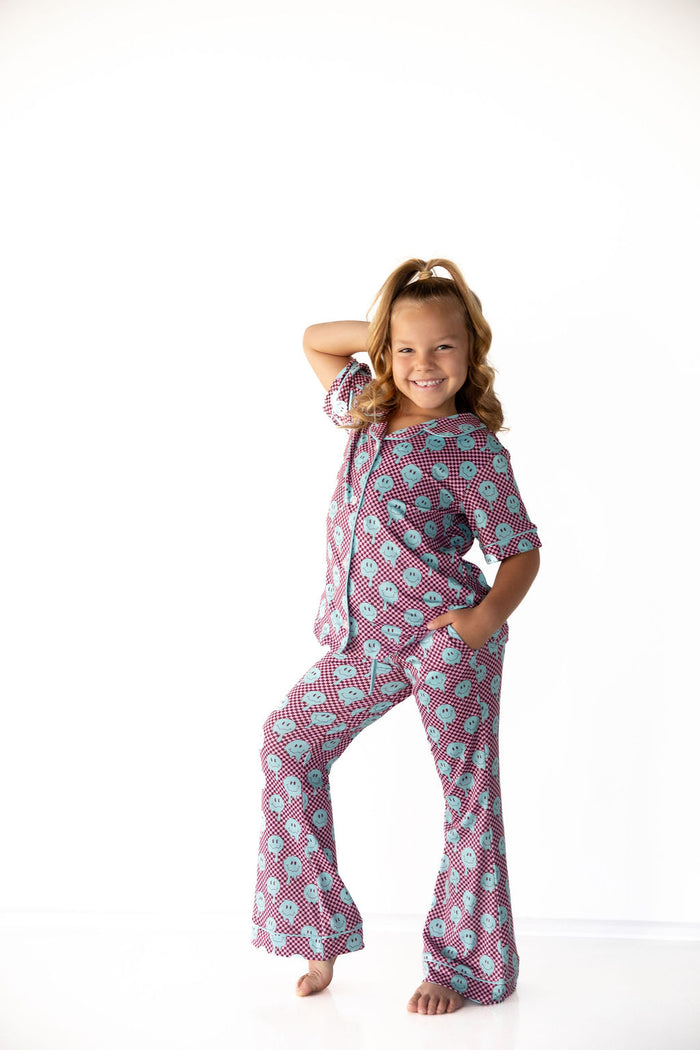 TEAL TRIPPY CHECKER | GIRLS' BUTTON UP SHORT SLEEVE SET