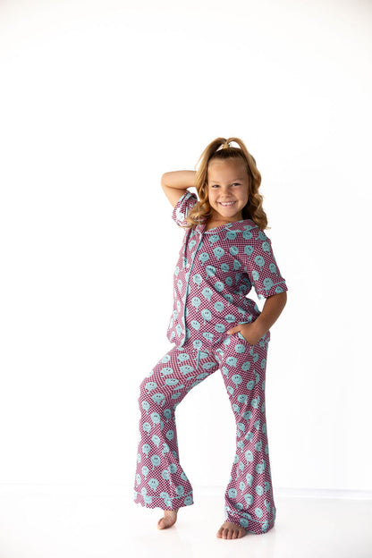 TEAL TRIPPY CHECKER | GIRLS' BUTTON UP SHORT SLEEVE SET
