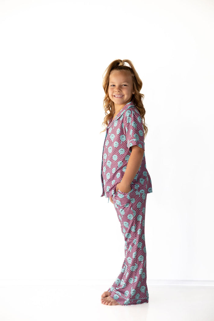 TEAL TRIPPY CHECKER | GIRLS' BUTTON UP SHORT SLEEVE SET