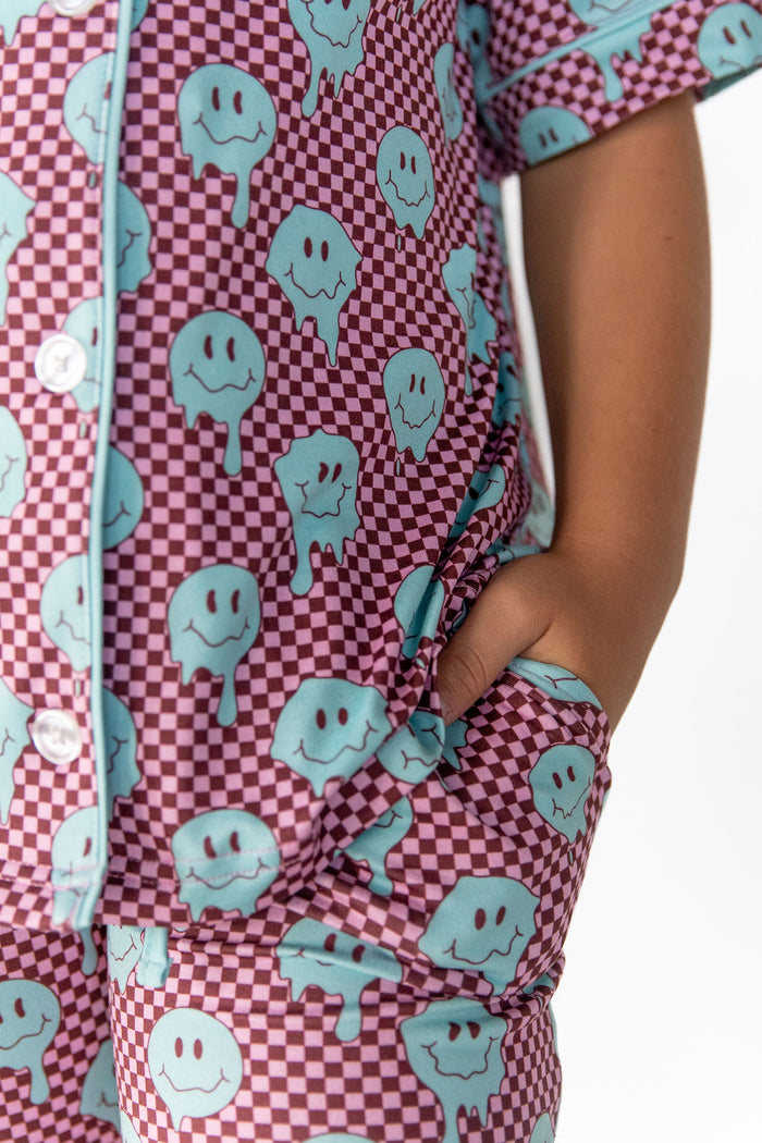 TEAL TRIPPY CHECKER | GIRLS' BUTTON UP SHORT SLEEVE SET