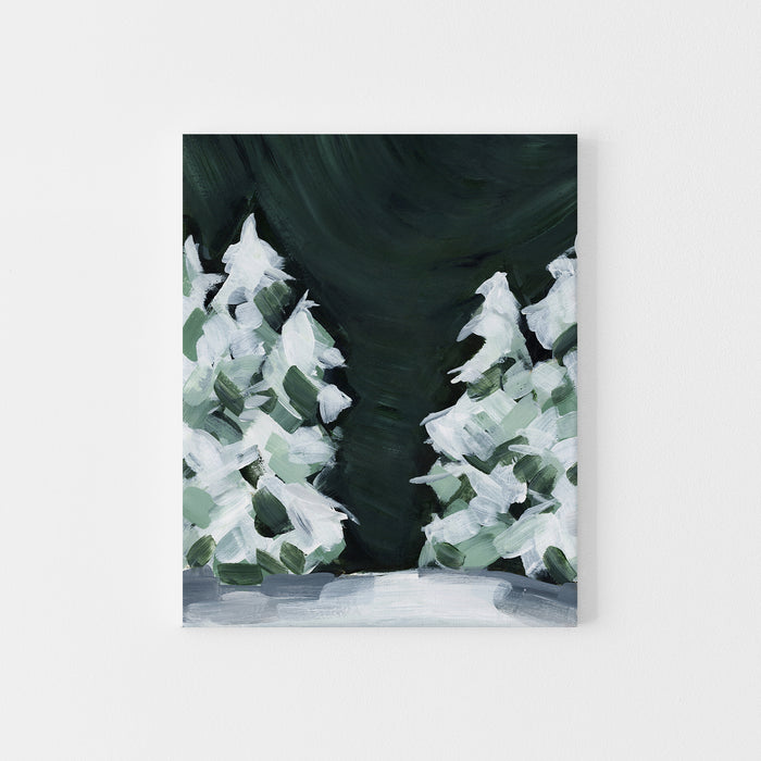 Winter Snow Covered Pine Tree Dark Green and White Painting Wall Art Print or Canvas - Jetty Home