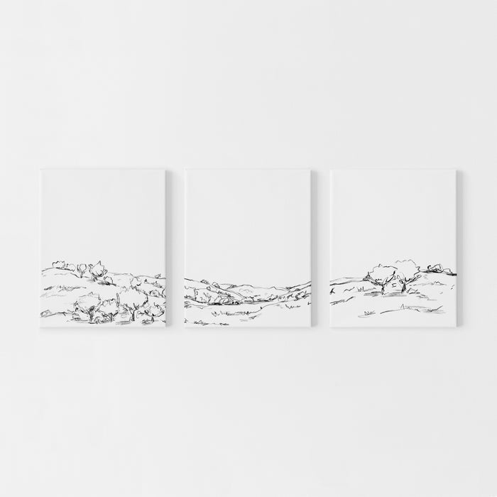 Black and White Landscape Hillside Oak Tree Triptych Set of Three Wall Art Prints or Canvas - Jetty Home