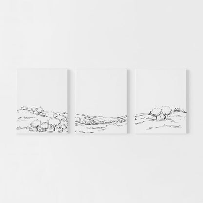 Black and White Landscape Hillside Oak Tree Triptych Set of Three Wall Art Prints or Canvas - Jetty Home