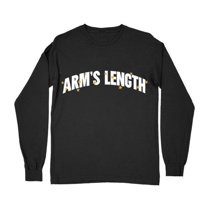 A black Arms Length long-sleeve shirt featuring ARMS LENGTH in bold white letters across the chest, accented with small yellow stars around the text.