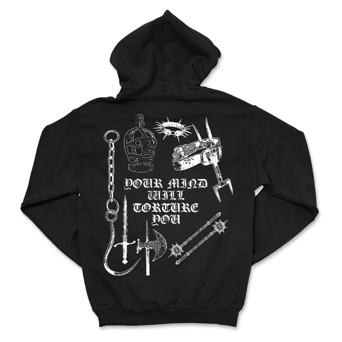 Black printed hoodie by Unwell features white illustrations of medieval torture devices, a skull, and gothic text YOUR MIND WILL TORTURE YOU—perfect for fans of bold custom apparel.