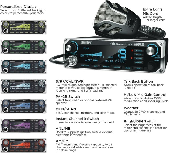 UNIDEN Bearcat 880 FM CB Radio, Virginia CB Antenna, 3 inch External Speaker Combo - CB Radio Supply
